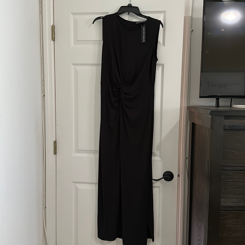 Brooke Shields black maxi dress with a gathered waist